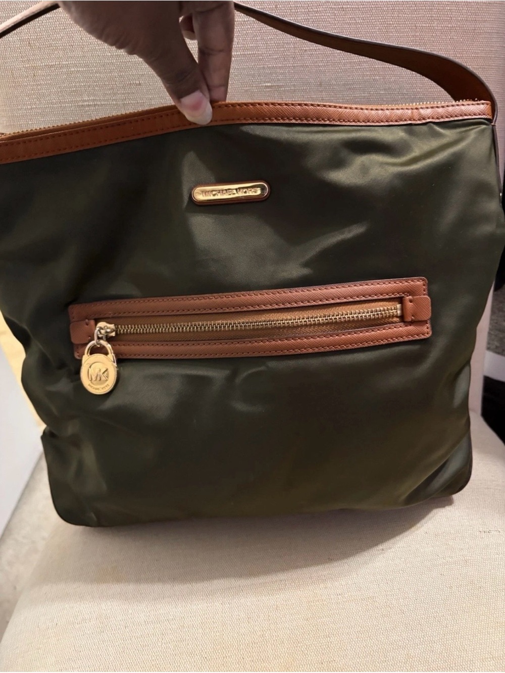 Michael Kors Olive and Brown Nylon Shoulder Bag with Gold Hardware